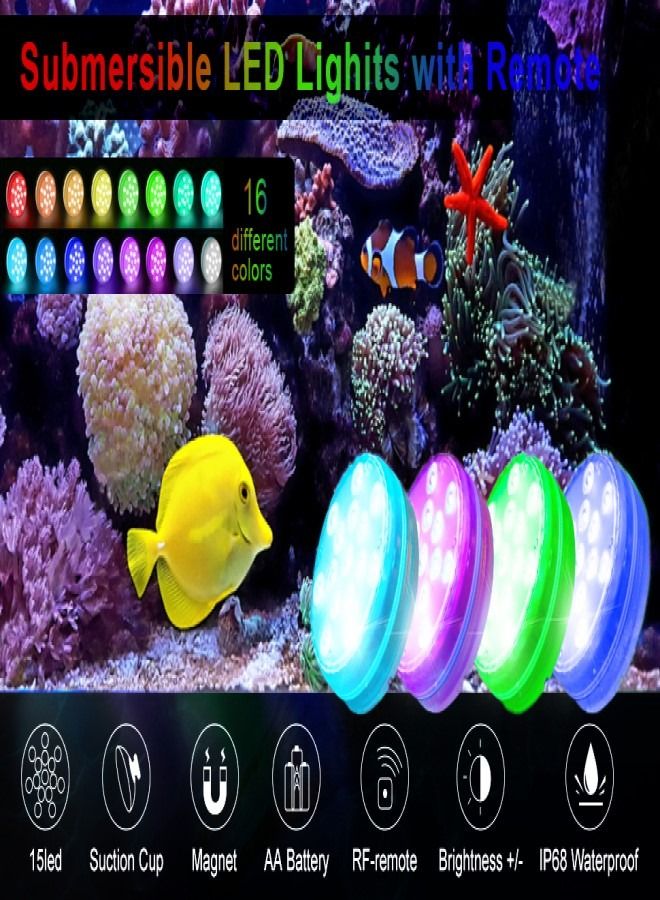(4 Pack)Pool Lights Submersible LED Lights With Magnet And Suction Cups RF Remote Pool Lights IP68 Waterproof 15 LED Color Changing Battery LED Lights Underwater With Timing 3.35 Inch