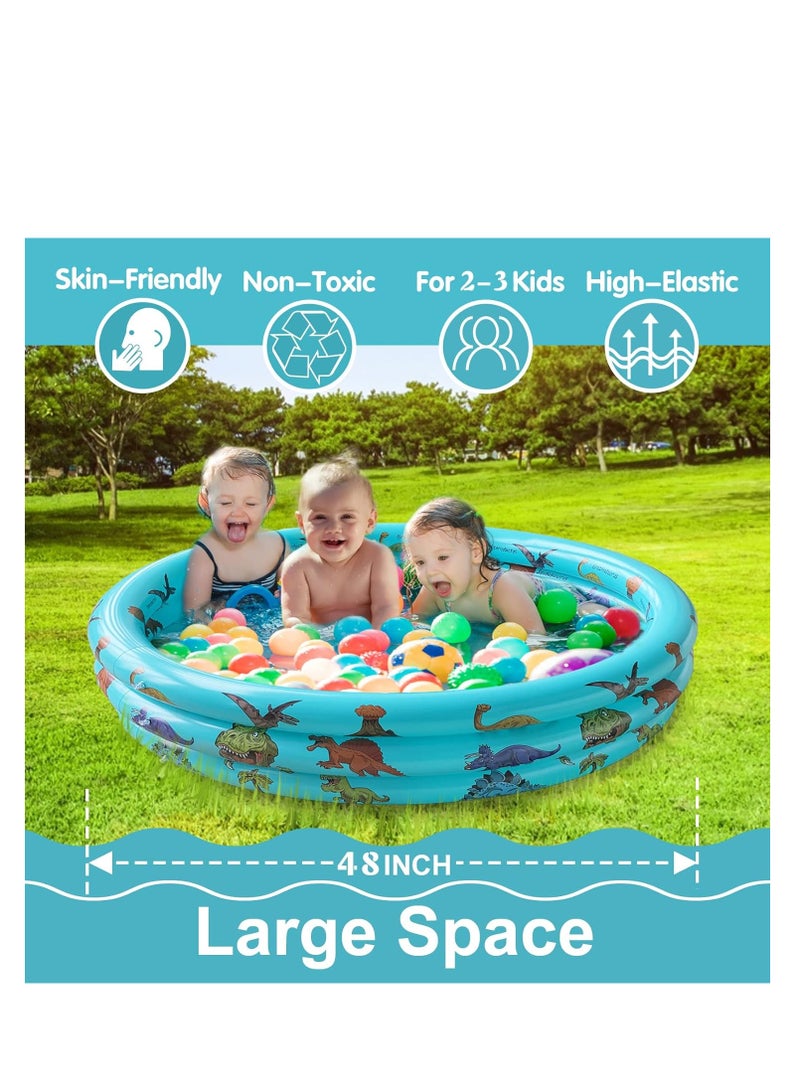 Dinosaur Inflatable Baby Pool, Small Swimming Pool for Kids, Toddler Blow Up 3 Rings Round Padding Pool for Outside and Indoor, Infant Pool Ball Pit/Fishing/Toys Play Center for Garden- 48”x12”