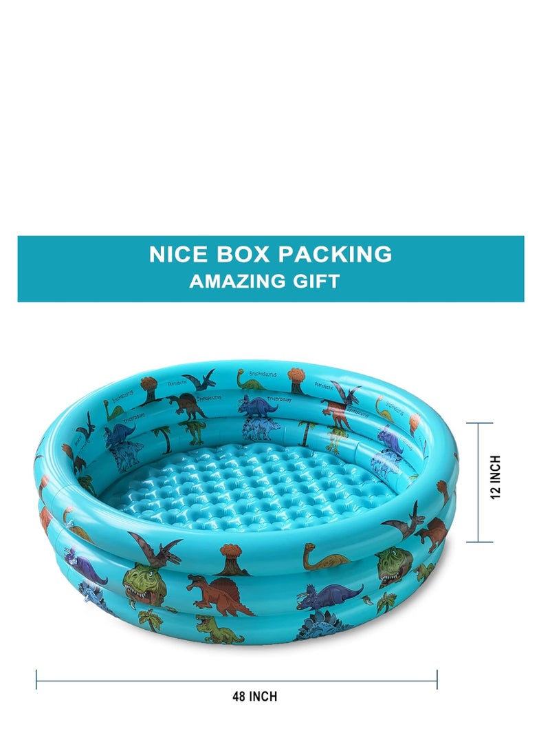 Dinosaur Inflatable Baby Pool, Small Swimming Pool for Kids, Toddler Blow Up 3 Rings Round Padding Pool for Outside and Indoor, Infant Pool Ball Pit/Fishing/Toys Play Center for Garden- 48”x12”