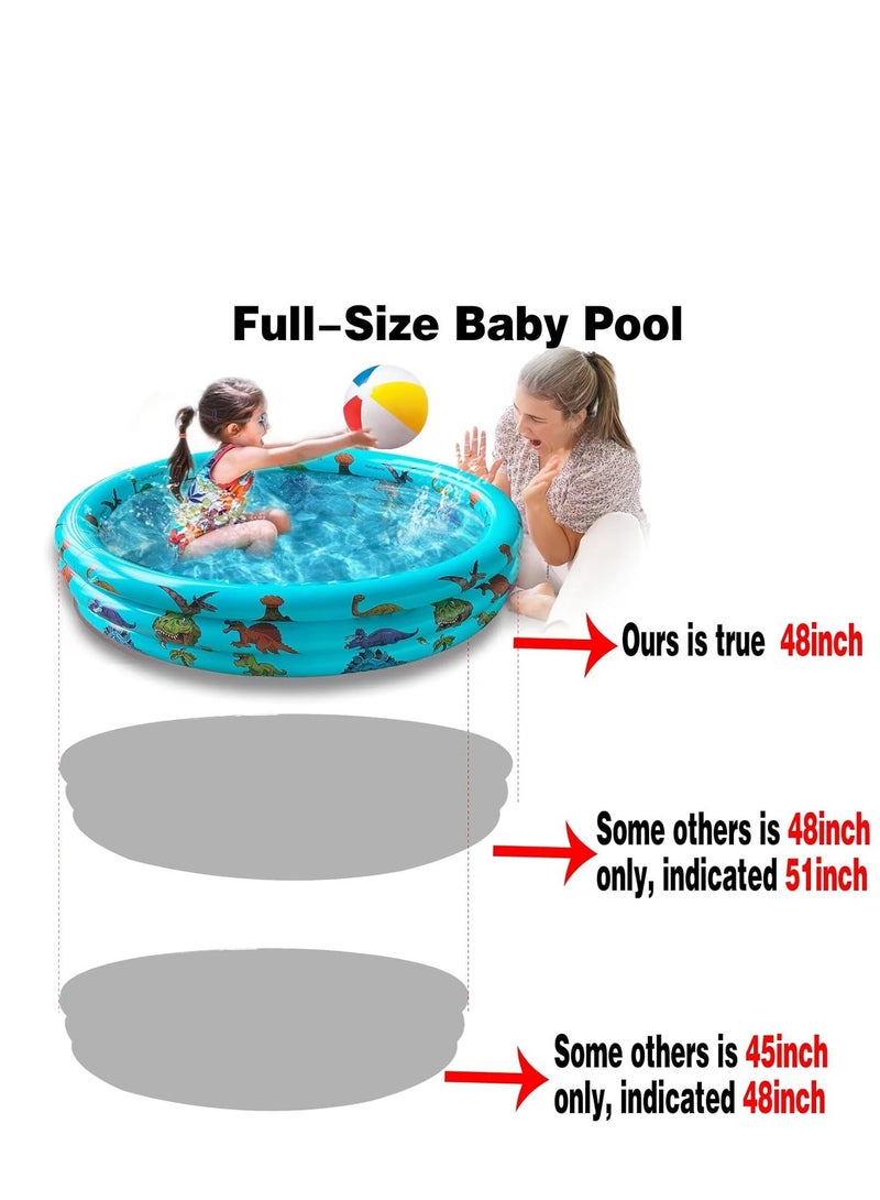 Dinosaur Inflatable Baby Pool, Small Swimming Pool for Kids, Toddler Blow Up 3 Rings Round Padding Pool for Outside and Indoor, Infant Pool Ball Pit/Fishing/Toys Play Center for Garden- 48”x12”