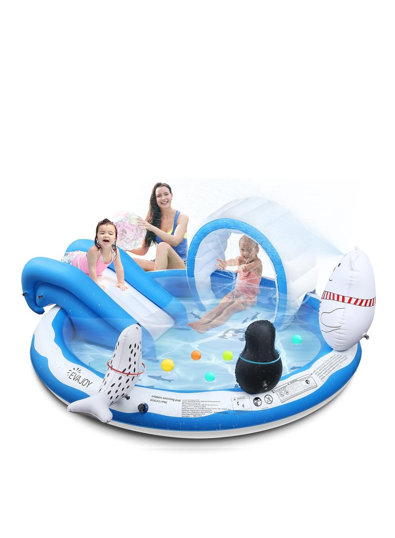 Inflatable Play Center, EVAJOY Kiddie Pool with Slide for Children, Sprinkler, Ice & Snow Theme with Inflatable Dolls, Easy Setup for Garden, Backyard, Indoor Usage