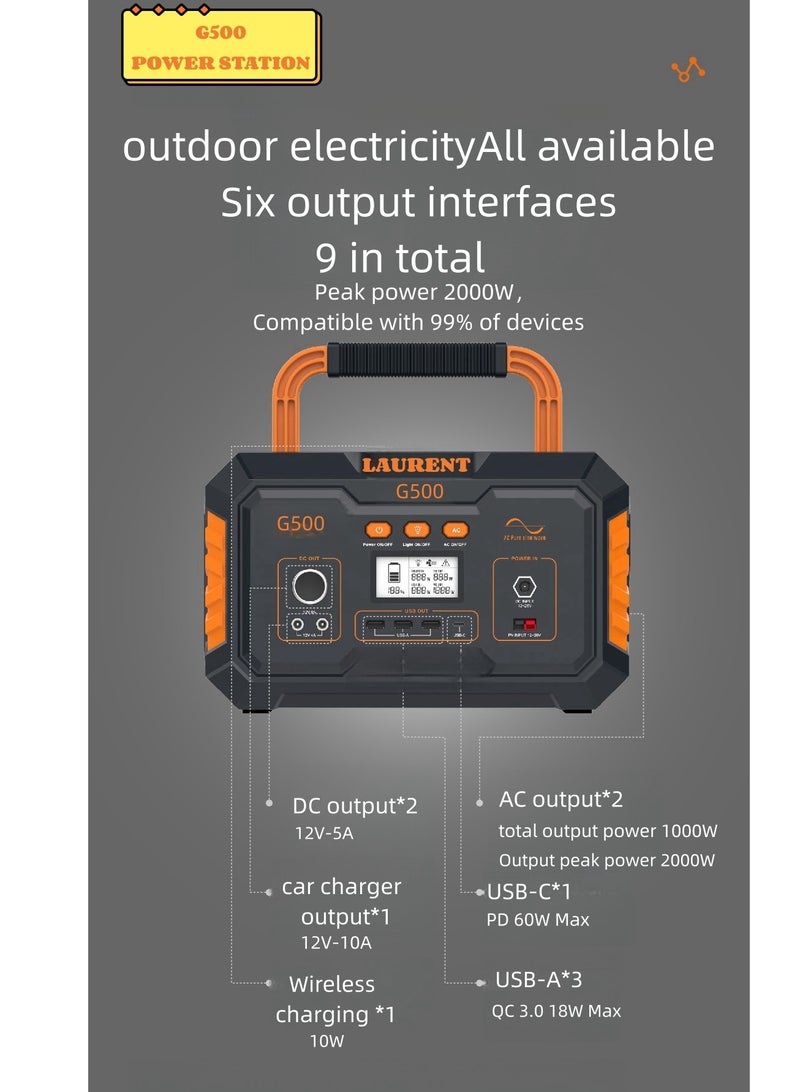 Portable Power Station: 500W Solar Generator, 999Wh Pure Sine Wave, LED Lighting – Ideal for Home, Camping, and Emergencies