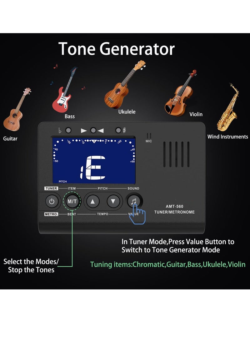 3 in 1 Digital Metronome Tuner Tone Generator Guitar Tuner Tone Generator with Contact Clip-on Microphone for Guitar Bass Violin Ukulele Chromatic Clarinet Flute Trumpet and more