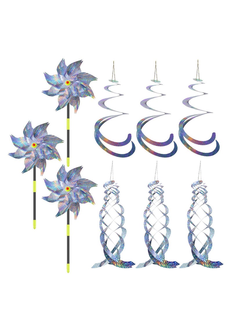 9Pcs Bird Spiral Reflectors Hanging Reflective Bird Geese Deterrent Device Outdoor Silver Mylar Spinner Garden Decorative Scare Birds Away Pigeon and Geese