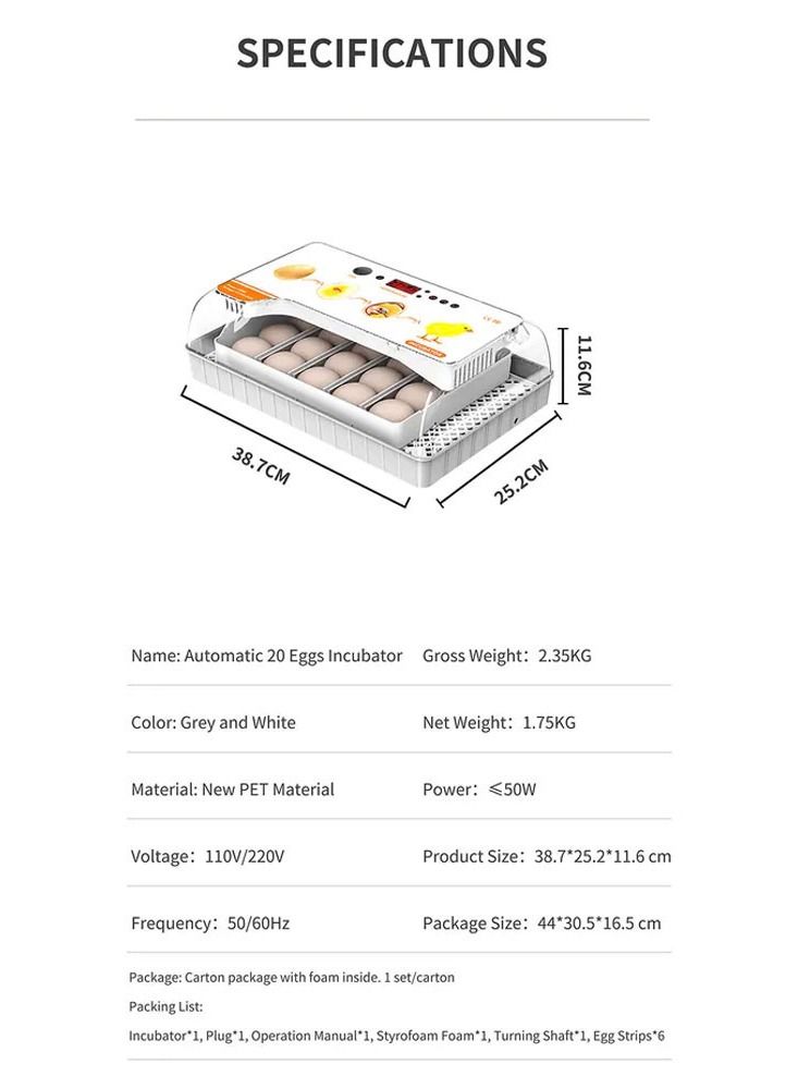 Egg Candler Egg Incubator with Automatic Egg Turning and Humidity Control 20 Eggs Hatcher Machine