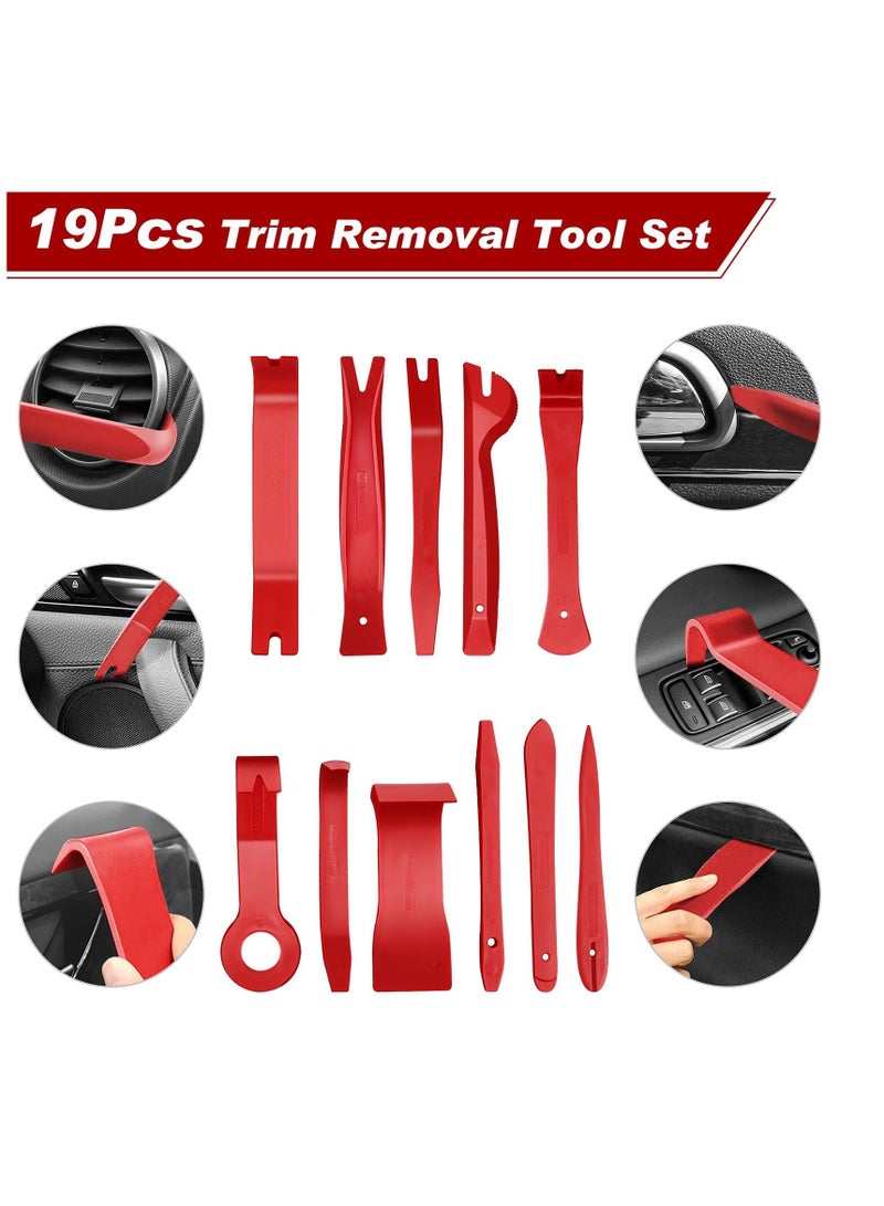 Auto Trim Removal Tool Kit, Auto Clip Pliers Fastener Terminal Remover Set, Car Panel Dash,Door, Radio Removal Installer Pry Tools Kit, Upholstery Removal Kit, with Storage Bag (19 Pcs Red)