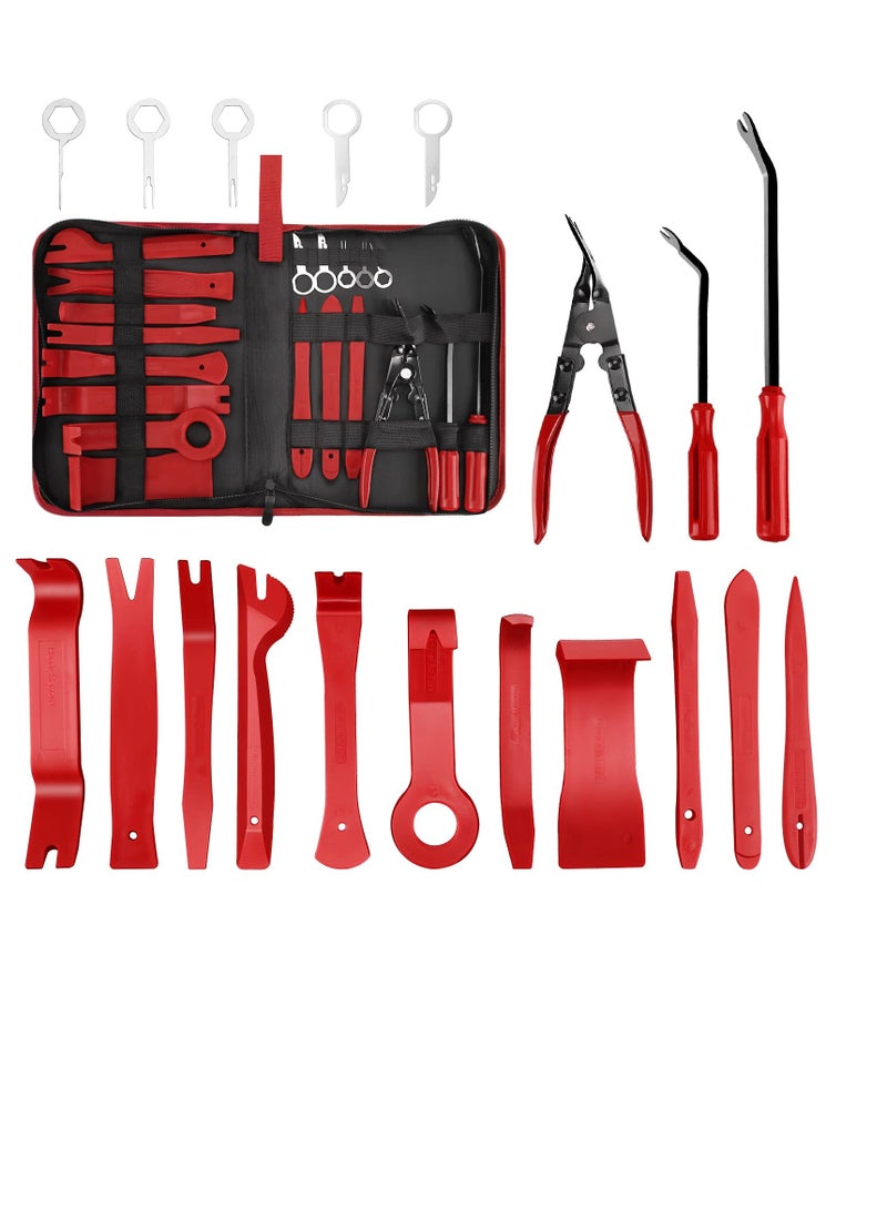 Auto Trim Removal Tool Kit, Auto Clip Pliers Fastener Terminal Remover Set, Car Panel Dash,Door, Radio Removal Installer Pry Tools Kit, Upholstery Removal Kit, with Storage Bag (19 Pcs Red)