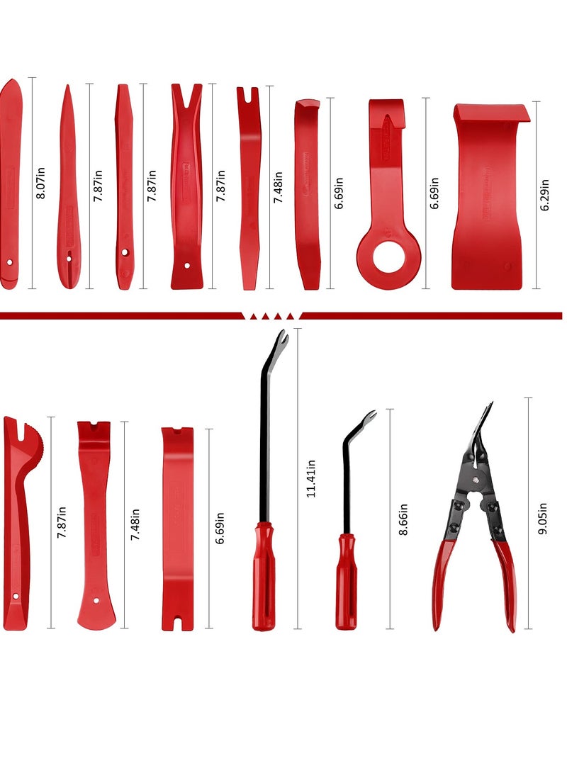 Auto Trim Removal Tool Kit, Auto Clip Pliers Fastener Terminal Remover Set, Car Panel Dash,Door, Radio Removal Installer Pry Tools Kit, Upholstery Removal Kit, with Storage Bag (19 Pcs Red)