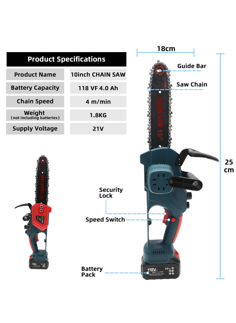 Bonai 10-Inch Cordless Chainsaw with Dual Batteries for Wood Working and Tree Cutting