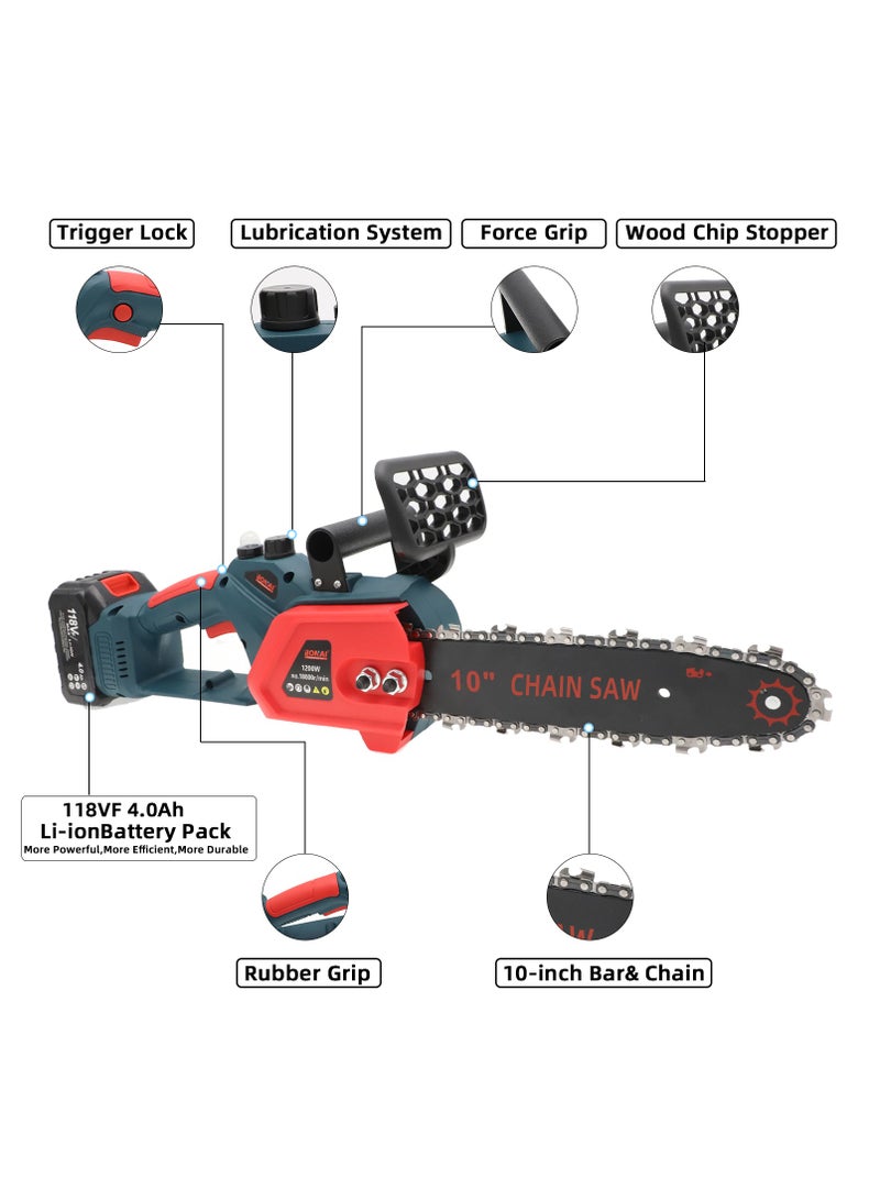 Bonai 10-Inch Cordless Chainsaw with Dual Batteries for Wood Working and Tree Cutting