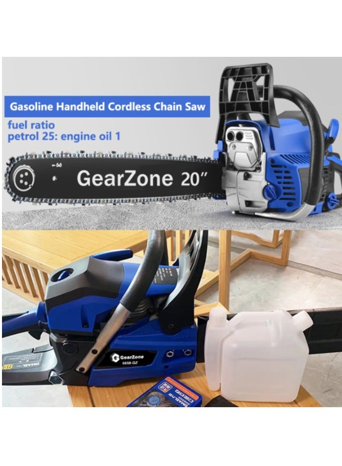 20Inch-58CC-2.68KW Handheld High Powered Gasoline/Petrol Chainsaw, Including 2 Saw Chains and Other Accessories For Cutting Trees, Wood, & Logs-Blue Color