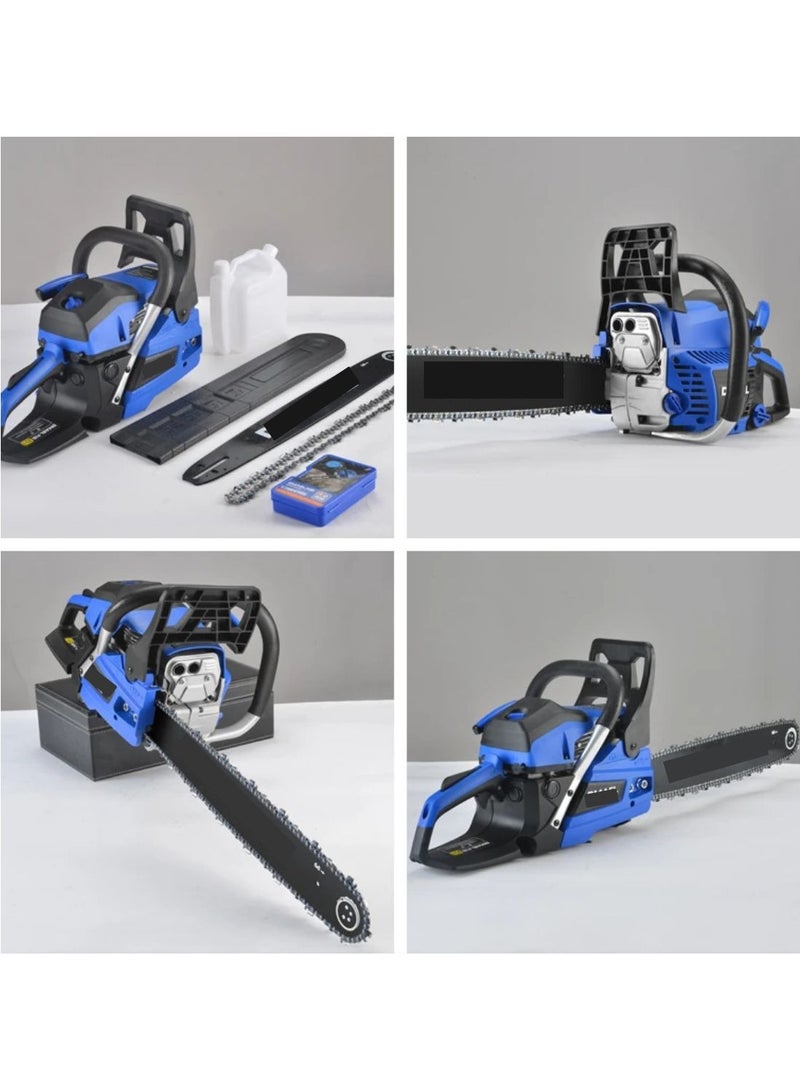 20Inch-58CC-2.68KW Handheld High Powered Gasoline/Petrol Chainsaw, Including 2 Saw Chains and Other Accessories For Cutting Trees, Wood, & Logs-Blue Color