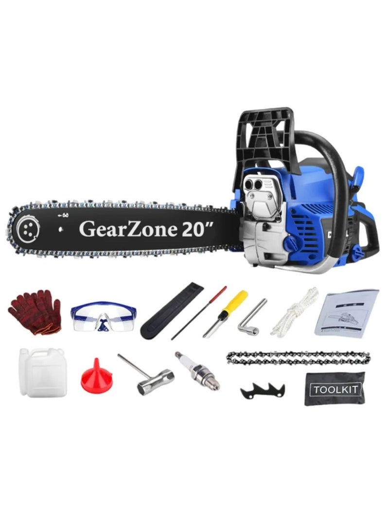 20Inch-58CC-2.68KW Handheld High Powered Gasoline/Petrol Chainsaw, Including 2 Saw Chains and Other Accessories For Cutting Trees, Wood, & Logs-Blue Color