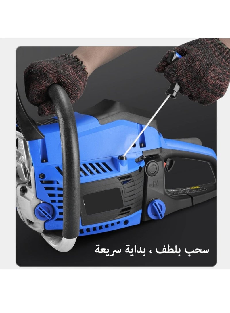 20Inch-58CC-2.68KW Handheld High Powered Gasoline/Petrol Chainsaw, Including 2 Saw Chains and Other Accessories For Cutting Trees, Wood, & Logs-Blue Color