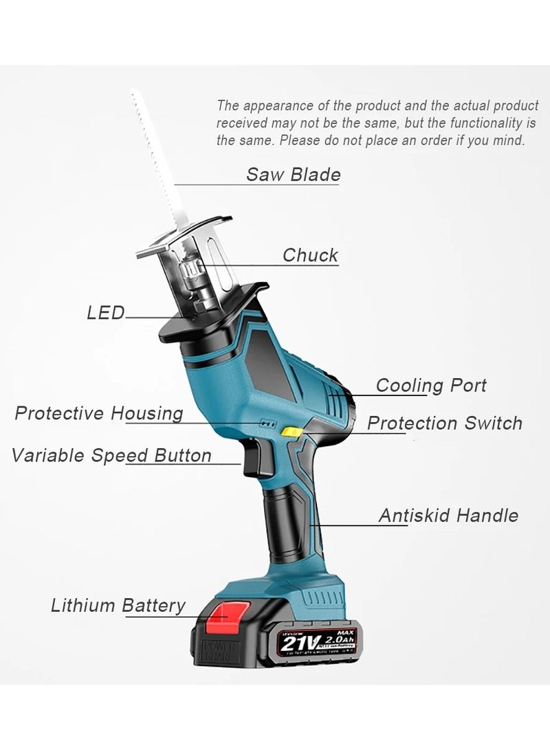 21V Cordless Reciprocating Saw with 2 Batteries 7500mAh Adjustable Speed Chainsaw Wood Meta Pipe Cutting Reciprocating Saw Power Tool