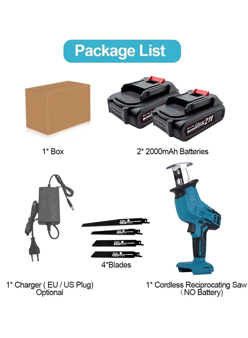 21V Cordless Reciprocating Saw with 2 Batteries 7500mAh Adjustable Speed Chainsaw Wood Meta Pipe Cutting Reciprocating Saw Power Tool