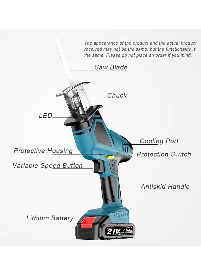 21V Cordless Reciprocating Saw with 2 Batteries 7500mAh Adjustable Speed Chainsaw Wood Meta Pipe Cutting Reciprocating Saw Power Tool