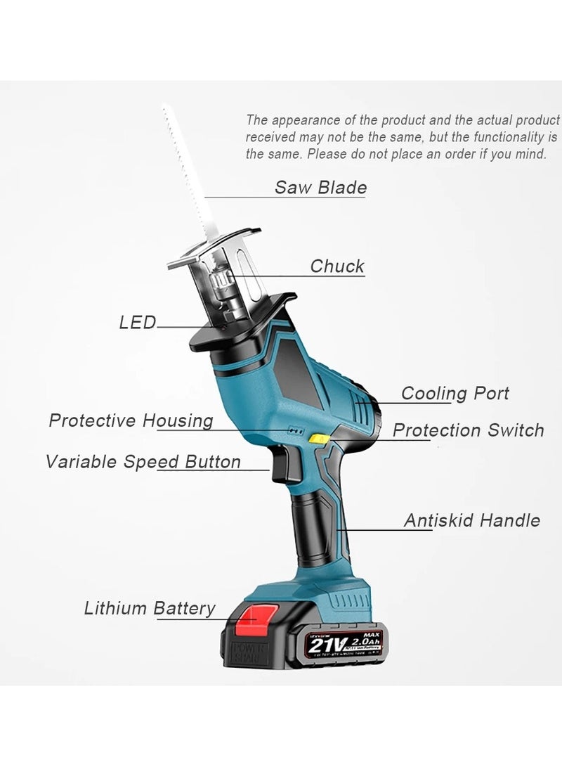 21V Cordless Reciprocating Saw with 1 Battery 7500mAh Adjustable Speed Chainsaw Wood Meta Pipe Cutting Reciprocating Saw Power Tool