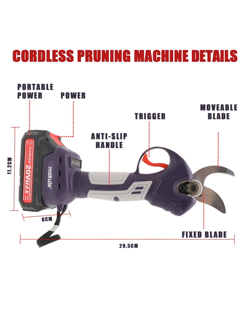 Cordless Electric Pruning Shears with 2 Batteries, Brushless Motor, 20V, for Garden and Trees Sk5 Blades CPM001