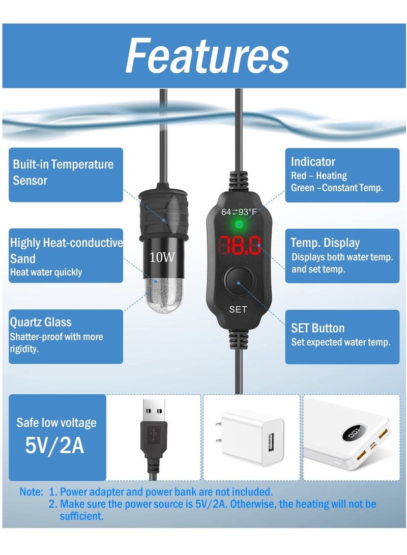 Adjustable 10W Betta Heater - Small Submersible Fish Tank with Digital Display Thermostat, USB Powered, for Aquariums up to 1 Gallon