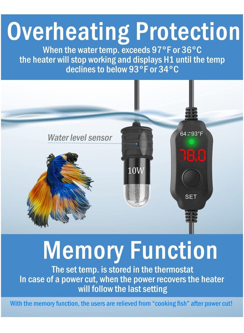 Adjustable 10W Betta Heater - Small Submersible Fish Tank with Digital Display Thermostat, USB Powered, for Aquariums up to 1 Gallon