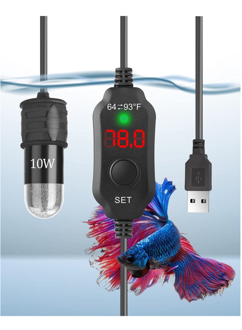 Adjustable 10W Betta Heater - Small Submersible Fish Tank with Digital Display Thermostat, USB Powered, for Aquariums up to 1 Gallon