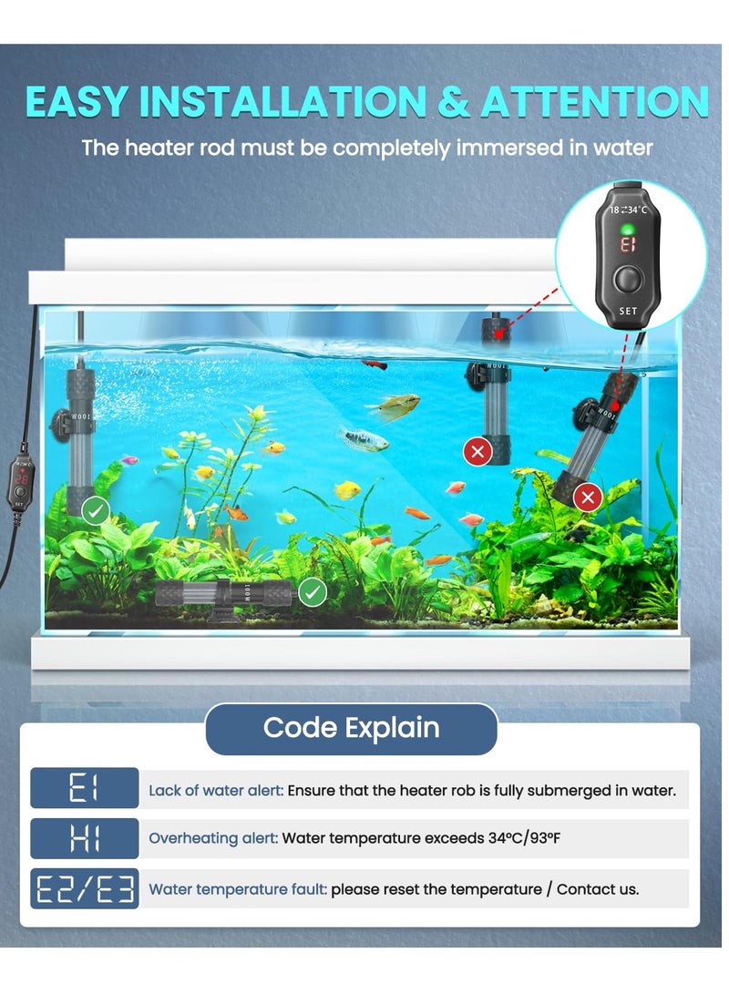 100W Fish Tank Heater, Mini Submersible Digital Aquarium Heater, External Temperature Controller, External Temperature Controller, Suitable for 50-70 Liter Tanks, Ideal for Betta Fish, Frogs, Turtles