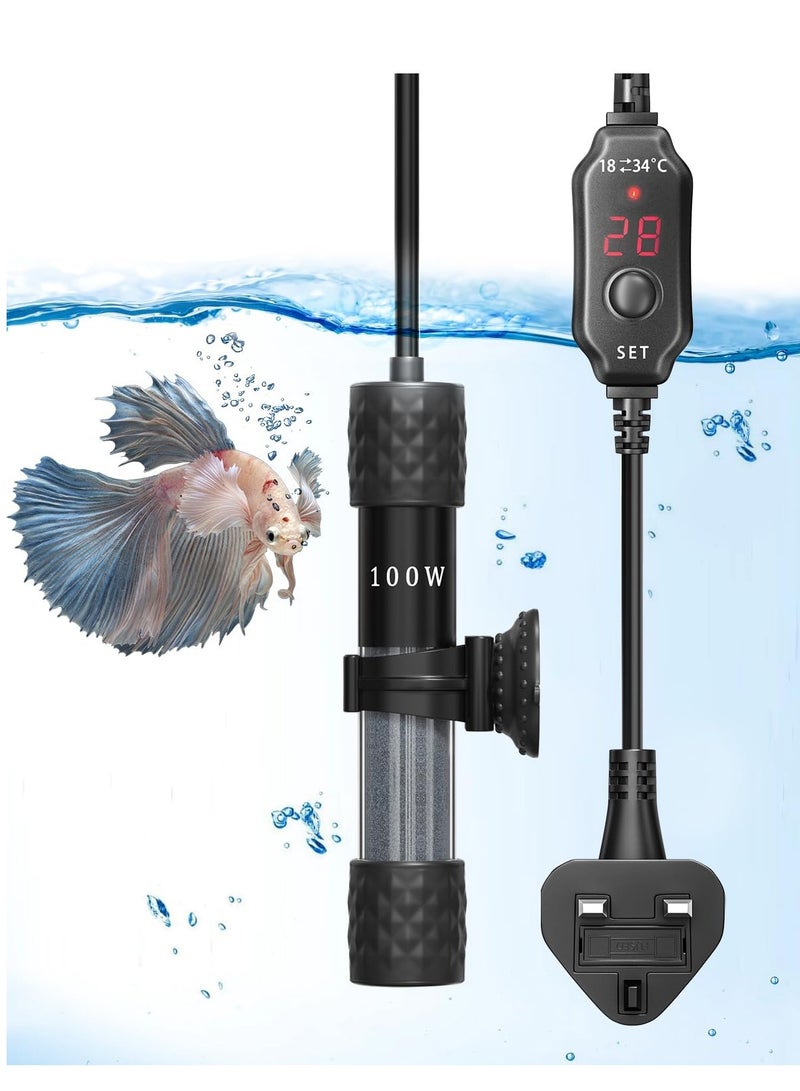 100W Fish Tank Heater, Mini Submersible Digital Aquarium Heater, External Temperature Controller, External Temperature Controller, Suitable for 50-70 Liter Tanks, Ideal for Betta Fish, Frogs, Turtles