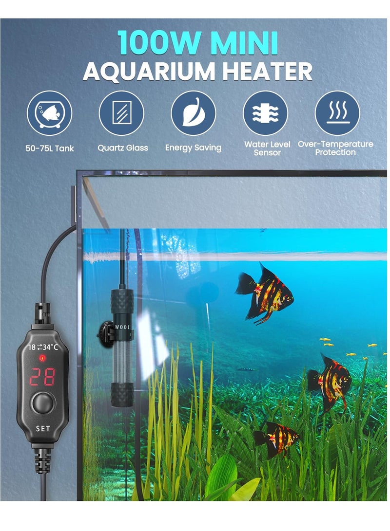 100W Fish Tank Heater, Mini Submersible Digital Aquarium Heater, External Temperature Controller, External Temperature Controller, Suitable for 50-70 Liter Tanks, Ideal for Betta Fish, Frogs, Turtles