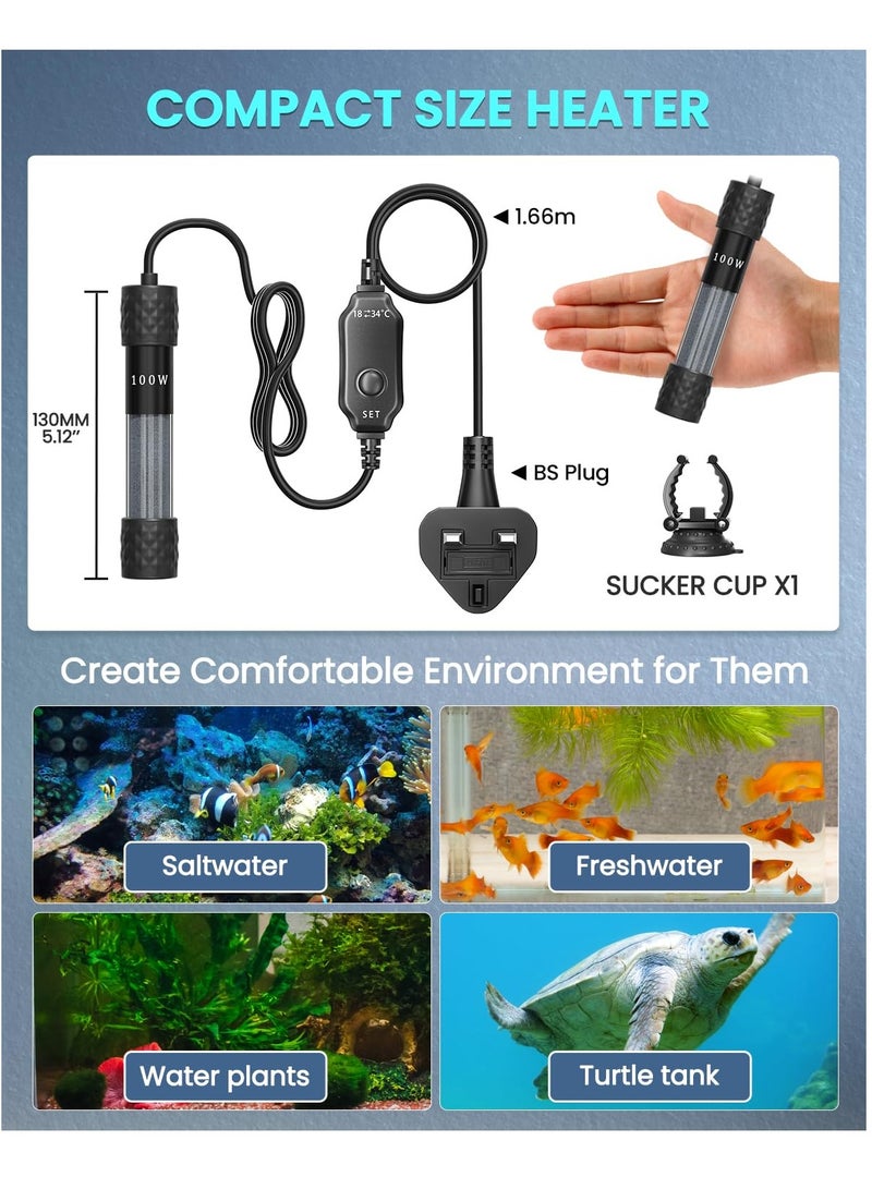 100W Fish Tank Heater, Mini Submersible Digital Aquarium Heater, External Temperature Controller, External Temperature Controller, Suitable for 50-70 Liter Tanks, Ideal for Betta Fish, Frogs, Turtles