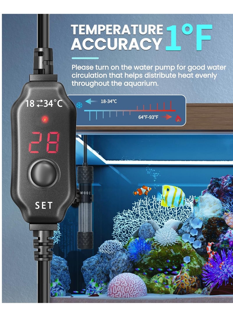 100W Fish Tank Heater, Mini Submersible Digital Aquarium Heater, External Temperature Controller, External Temperature Controller, Suitable for 50-70 Liter Tanks, Ideal for Betta Fish, Frogs, Turtles