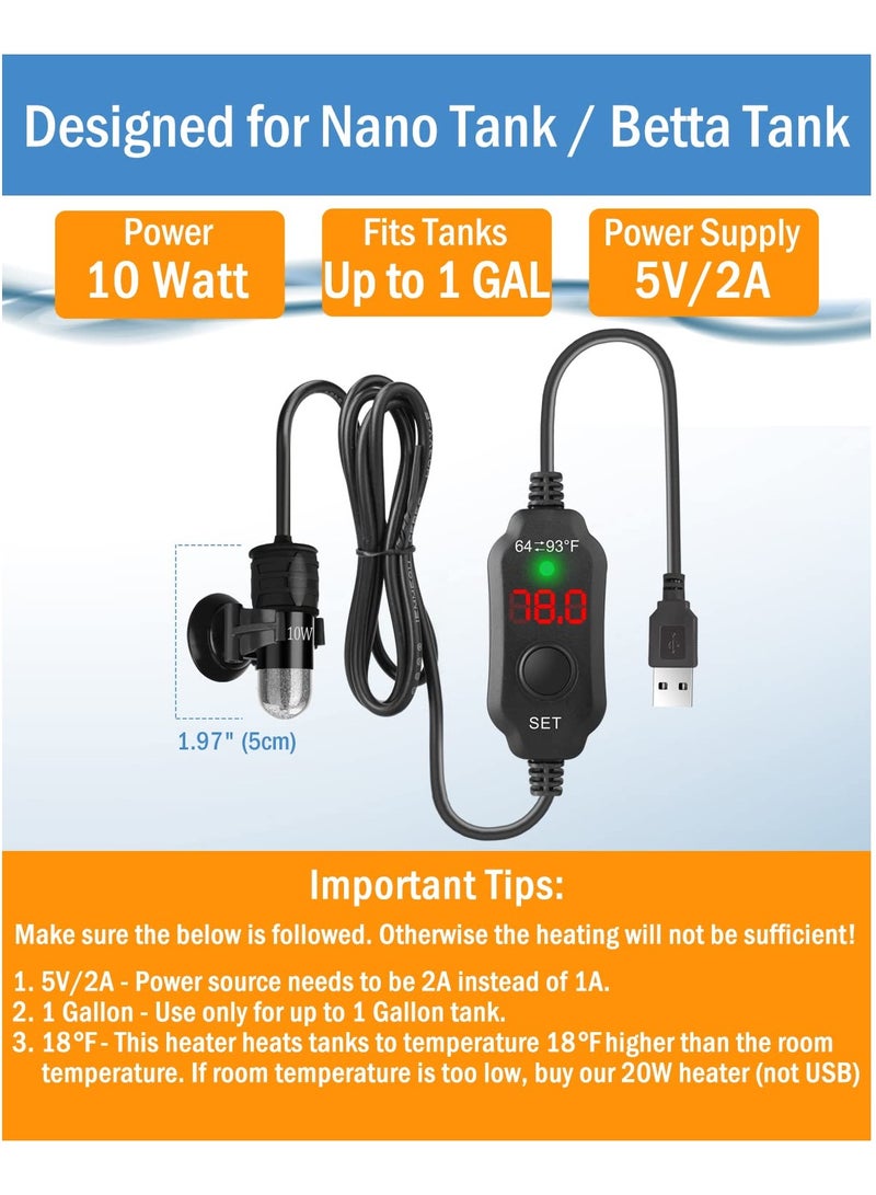 10W Adjustable Betta Heater for Small Aquariums, USB-Powered Submersible Fish Tank Heater with Digital Thermostat, Ideal for Tanks up to 1 Gallon