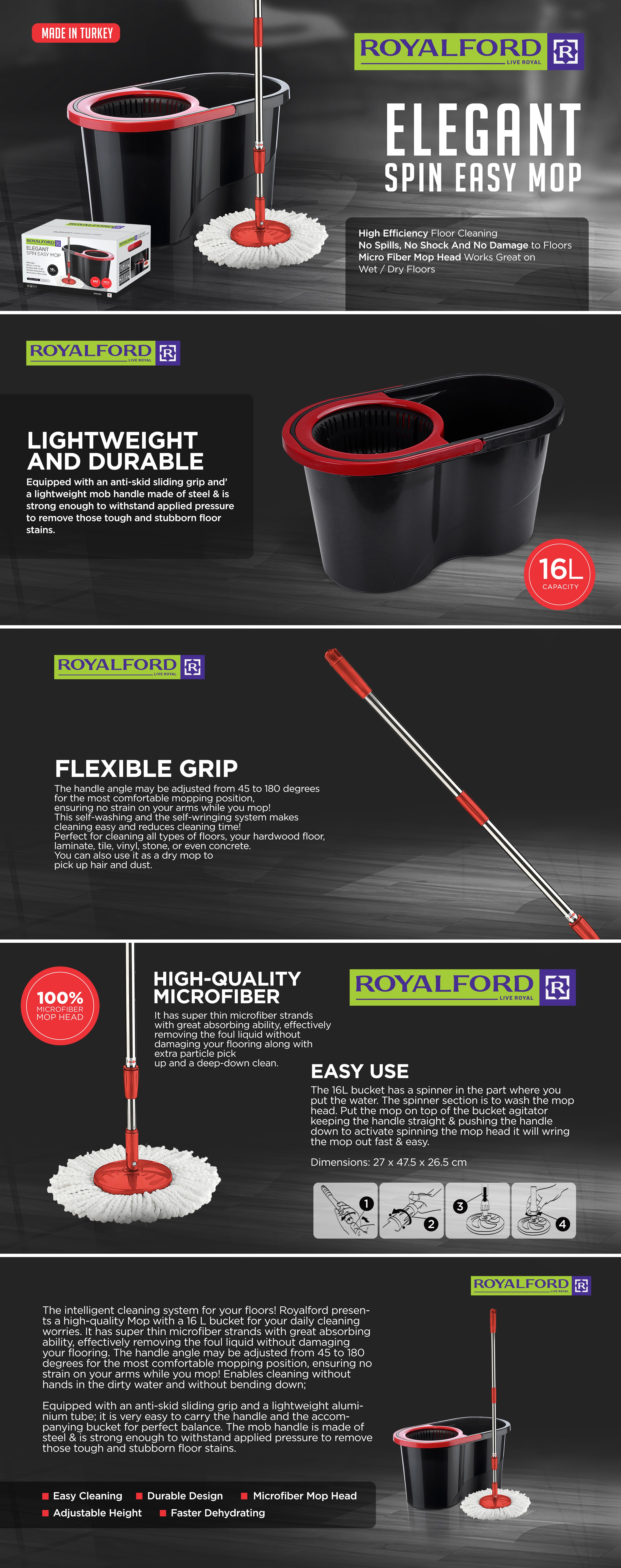 Royalbright Elegant Spin Easy Mop 16L Bucket Capacity 360Degree Rotation Hands Free 100% Micro Fibre Non Splash Made In Turkey Multicolour 48x27x27 Cm