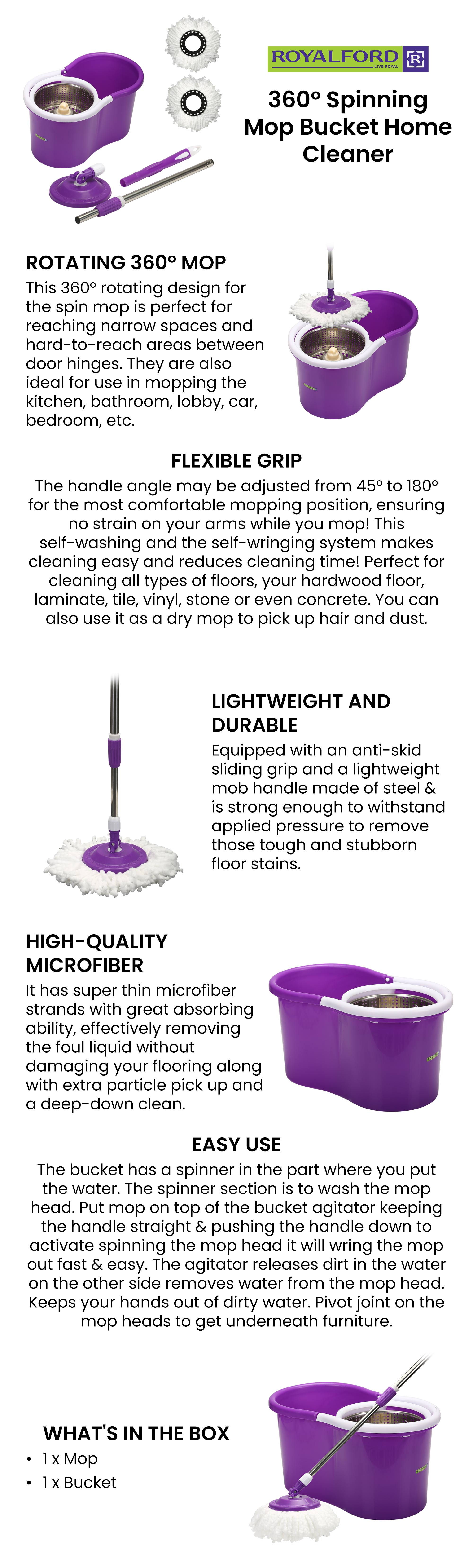 Royalbright 13L Modern Spin Easy Mop Microfiber Technology 360掳 Rotating Plates Ss Drum Hands Free 100% Microfiber Non Splash Multicolor Assorted Assorted