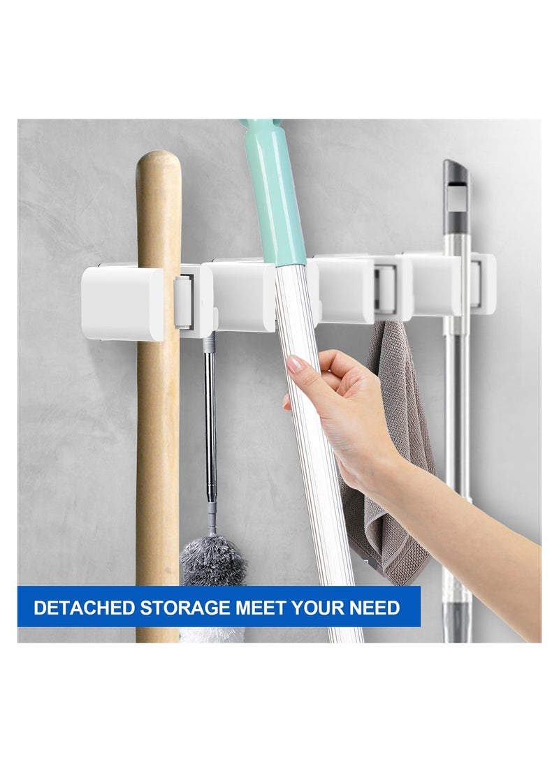 4 Pcs Mop Broom Holder, Mop Broom Holder Wall Mount Self Adhesive with Rack and Hook, Wall Mounted Mop Broom Organizer for Home, Bathroom, Kitchen, Officee, White