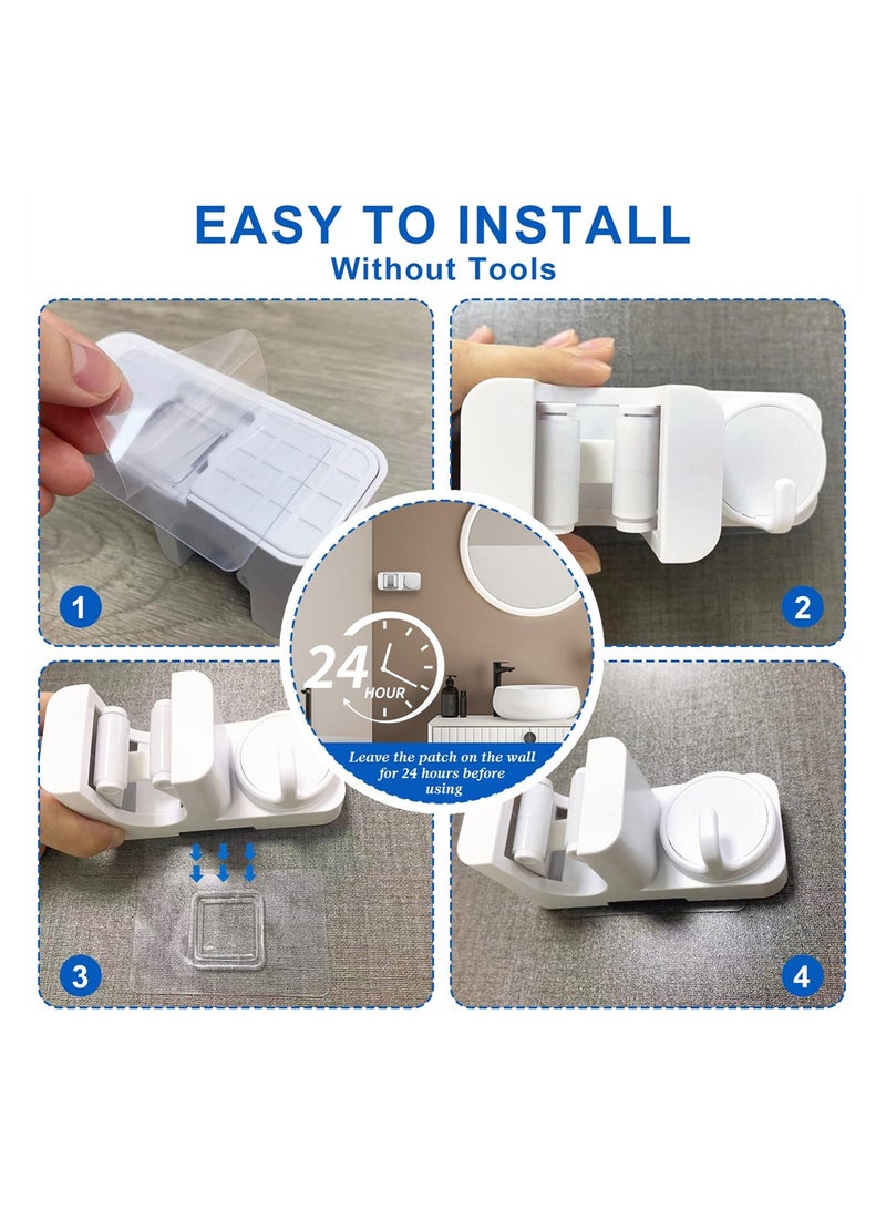 4 Pcs Mop Broom Holder, Mop Broom Holder Wall Mount Self Adhesive with Rack and Hook, Wall Mounted Mop Broom Organizer for Home, Bathroom, Kitchen, Officee, White