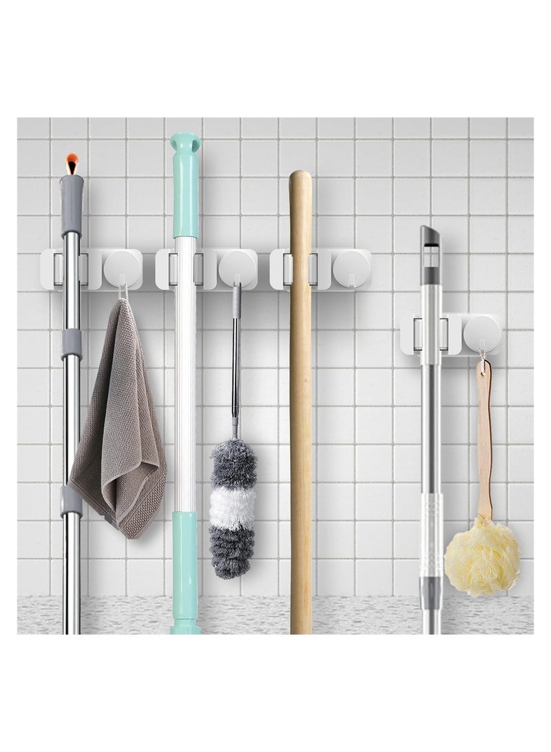 4 Pcs Mop Broom Holder, Mop Broom Holder Wall Mount Self Adhesive with Rack and Hook, Wall Mounted Mop Broom Organizer for Home, Bathroom, Kitchen, Officee, White