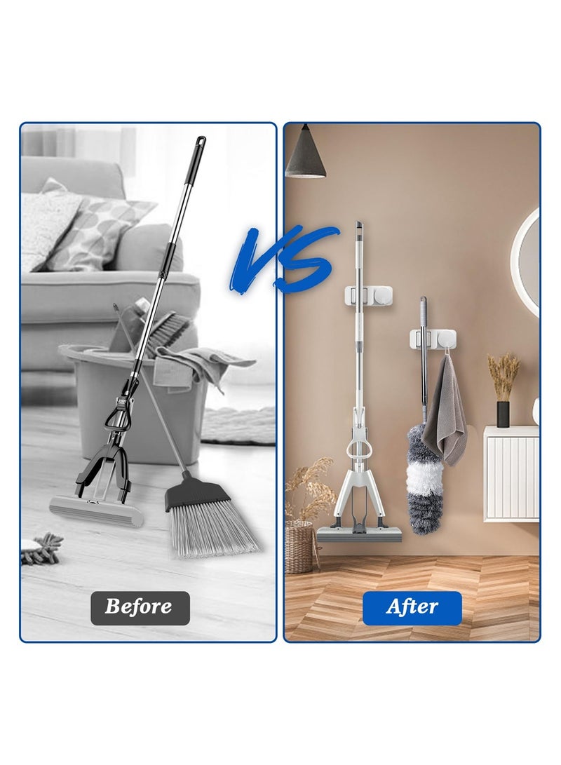 4 Pcs Mop Broom Holder, Mop Broom Holder Wall Mount Self Adhesive with Rack and Hook, Wall Mounted Mop Broom Organizer for Home, Bathroom, Kitchen, Officee, White