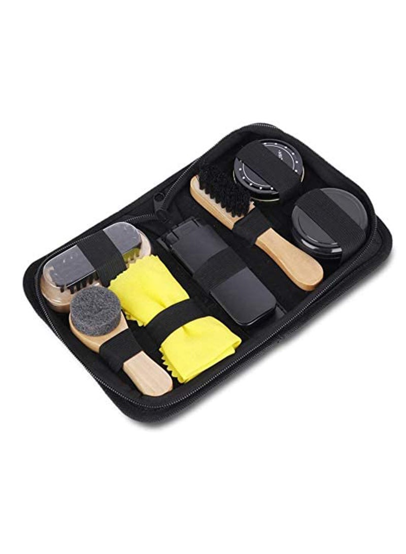 7pcs Shoe Polish Brush Set with PU Leather Case - Soft Brush, Cloth, Sponge, Long Handle, Colorless Polish and Round Sponge, Home Travel Shoe Care Kit