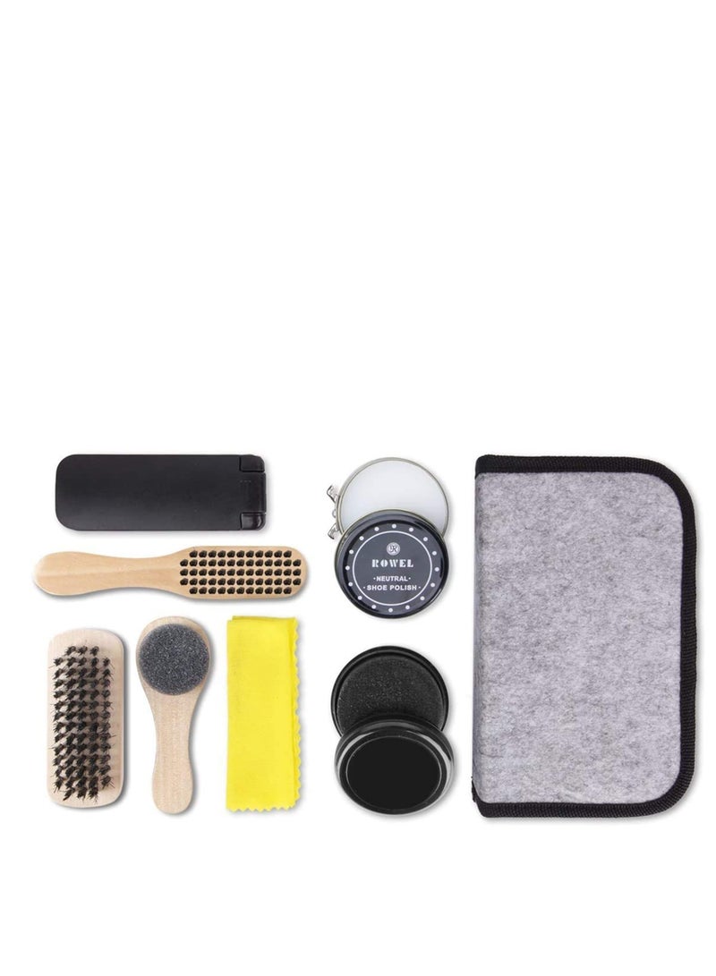 7pcs Shoe Polish Brush Set with PU Leather Case - Soft Brush, Cloth, Sponge, Long Handle, Colorless Polish and Round Sponge, Home Travel Shoe Care Kit