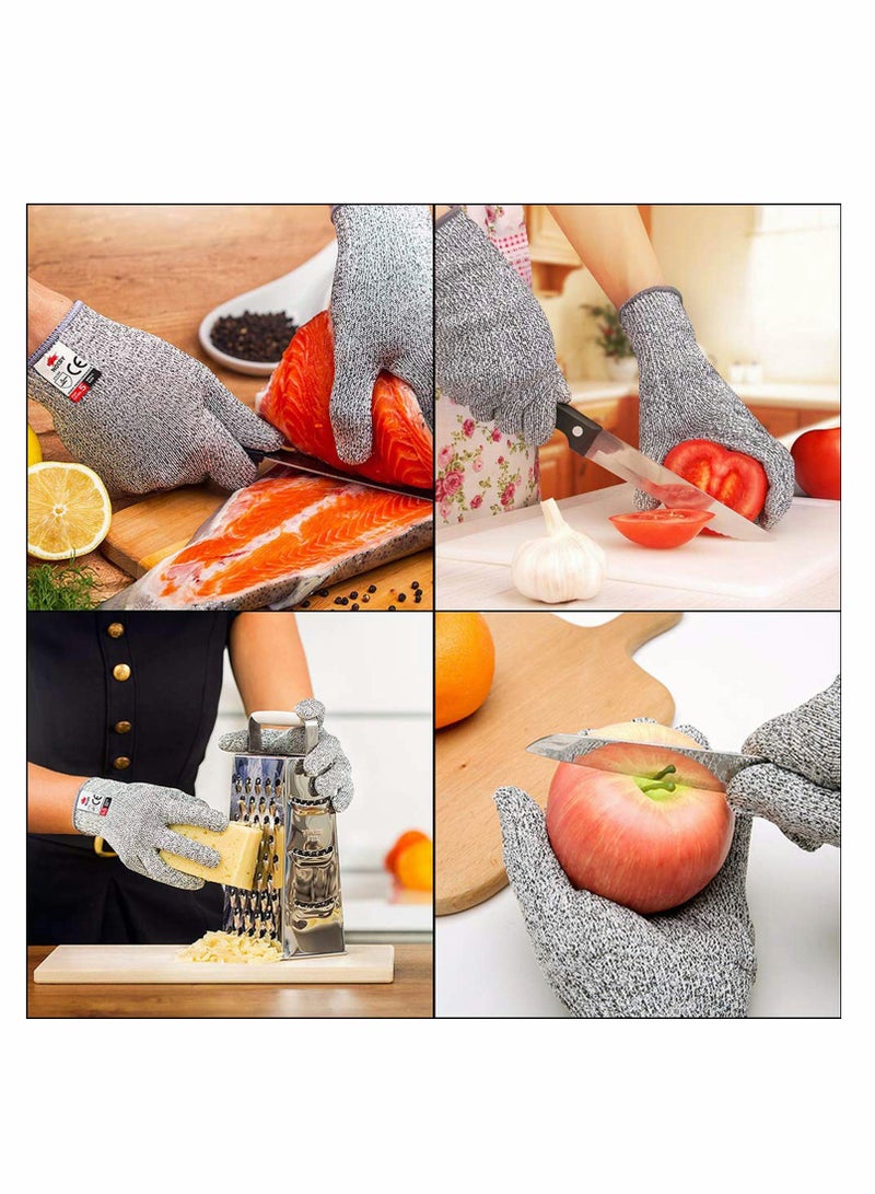 Grey Cut Resistant Gloves Food Grade Safety Cut Gloves for Meal Prep Crafts and Outdoors - Level 5 Protection from Knives Vegetable Peelers Graters - Fits Both Hand - 2 Pairs (M+L)