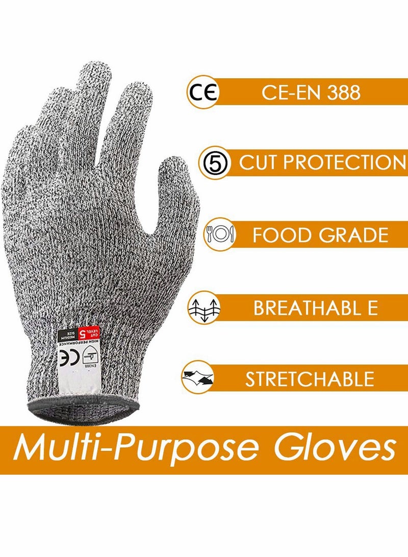 Grey Cut Resistant Gloves Food Grade Safety Cut Gloves for Meal Prep Crafts and Outdoors - Level 5 Protection from Knives Vegetable Peelers Graters - Fits Both Hand - 2 Pairs (M+L)
