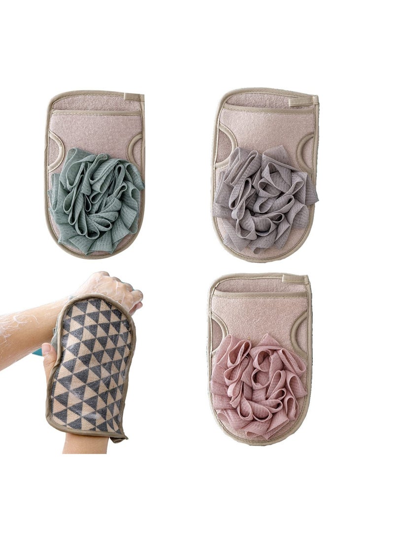 Double Sided Exfoliating Gloves - Shower Puff Scrub Gloves - Thick Back Bath Gloves with Cleansing Facial Sponge for Men Women Body Face Arms Legs Quickly Exfoliate Shower Wash Gloves Spa 3 Pieces