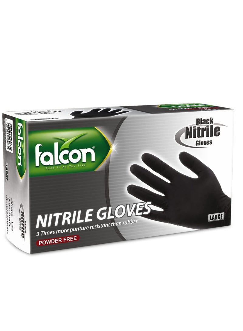 Falcon Nitrile Gloves - Black Powder Free (L) - 100 Pieces - Pack of 3