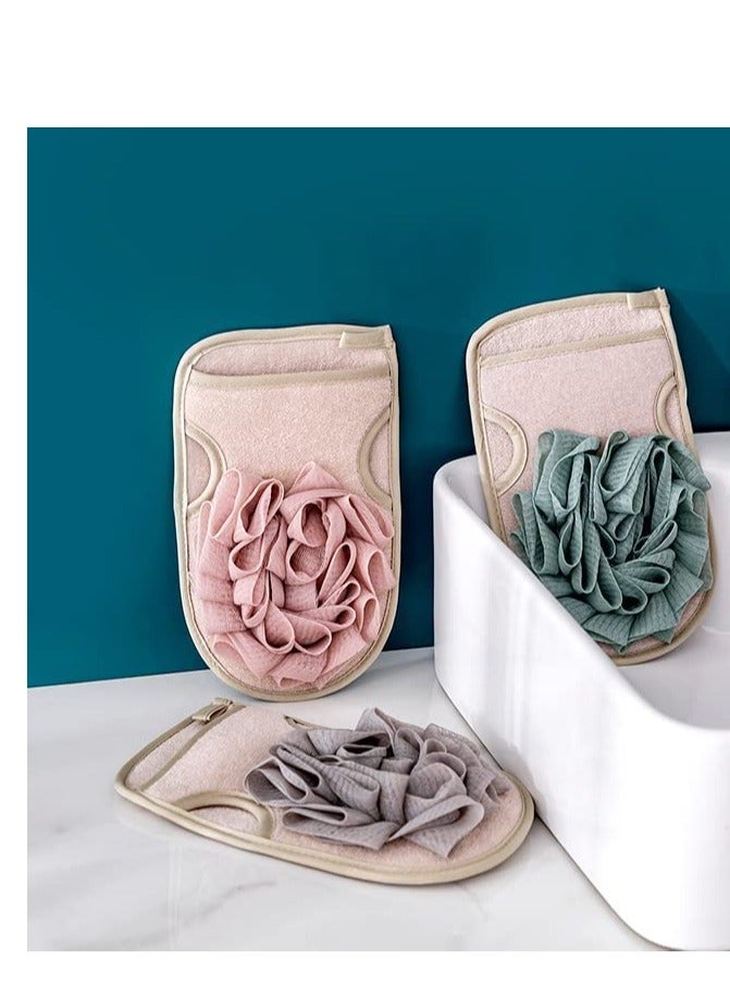 Double Sided Exfoliating Gloves - Shower Puff Scrub Gloves - Thick Back Bath Gloves with Cleansing Facial Sponge for Men Women Body Face Arms Legs Quickly Exfoliate Shower Wash Gloves Spa 3 Pieces