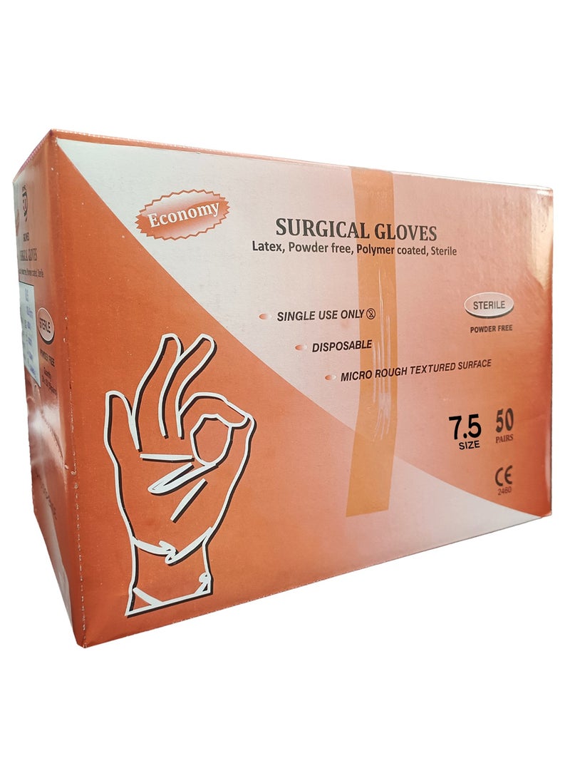 Pack of 50 Sterile Surgical Gloves | Different Sizes | Latex, Powder-Free, Polymer Coated, Sterile Size 7.5