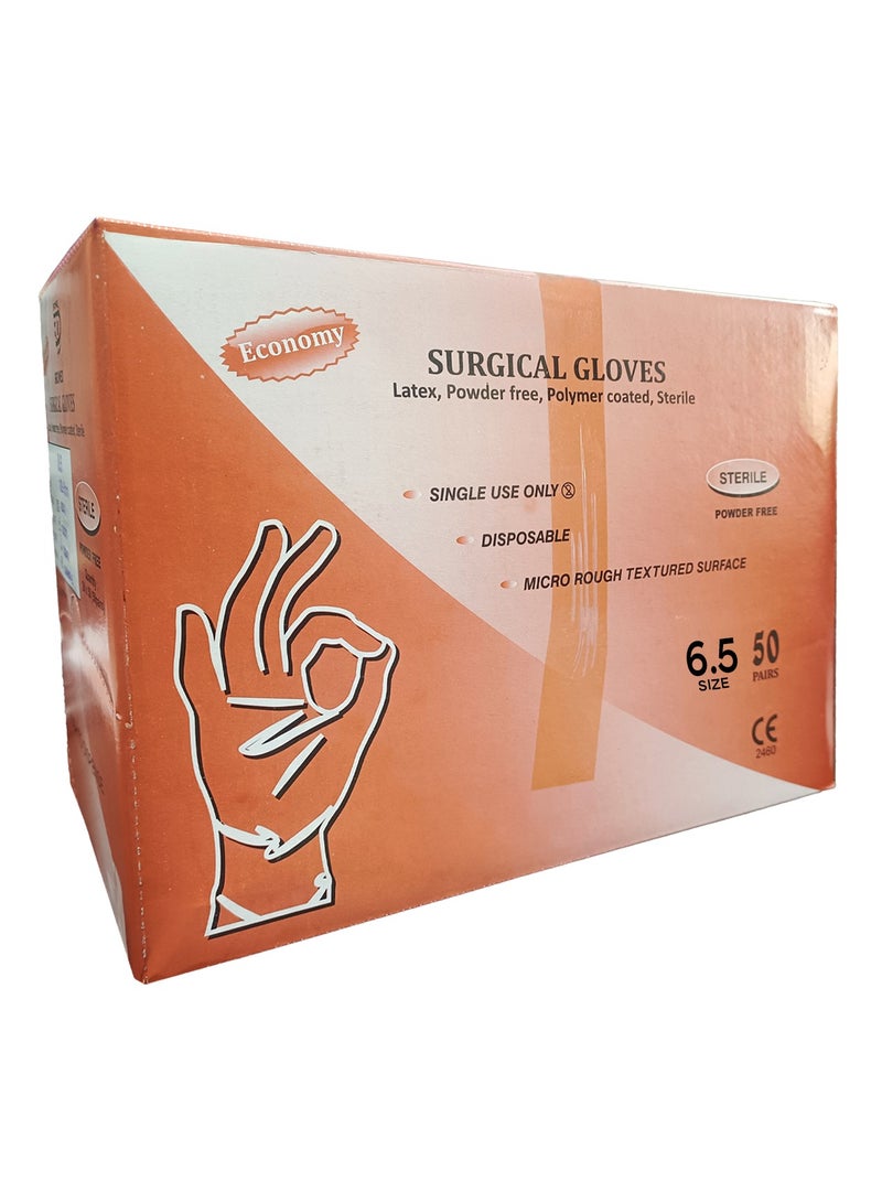 Pack of 50 Sterile Surgical Gloves | Different Sizes | Latex, Powder-Free, Polymer Coated, Sterile Size 6.5