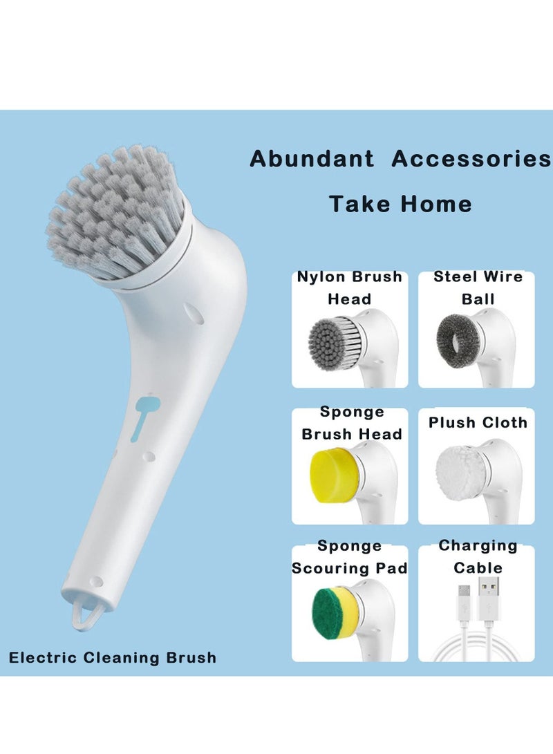 Cordless Electric Rotary Scrubber, Portable Electric Cleaning Brush with 5 Brush Heads, Electric Scrubber 360° Smart Rotating Handheld Scrubber Brush for Plates, Pots, Walls, Kitchen, Shoes