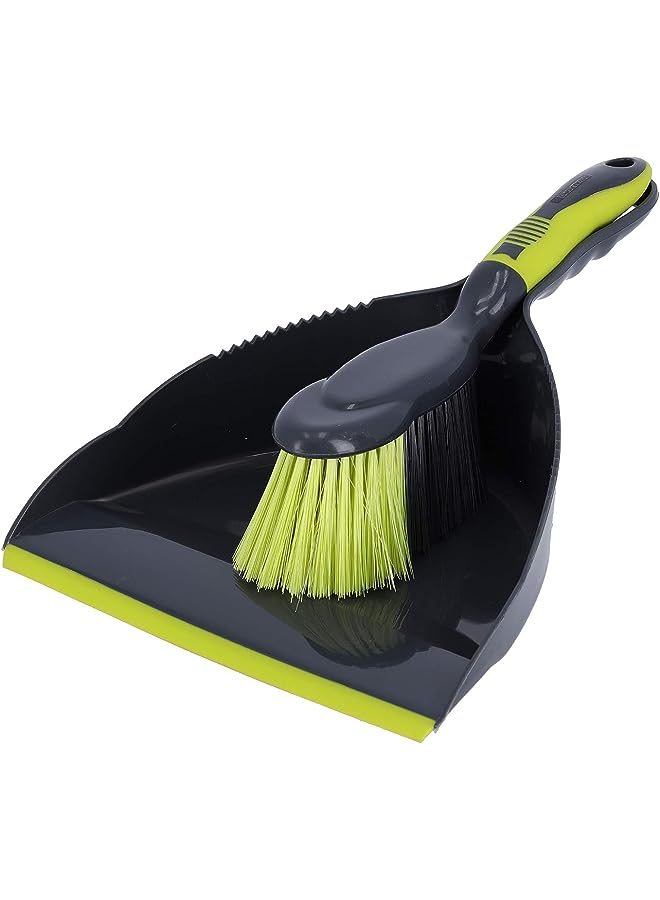 RF2367GR Dust Pan & Brush Set - Portable Hand Broom with Durable Stiff Bristles Having Frayed and Angled Tips | Hanging Loop Cleaning Tool Perfect for Home or Office Use