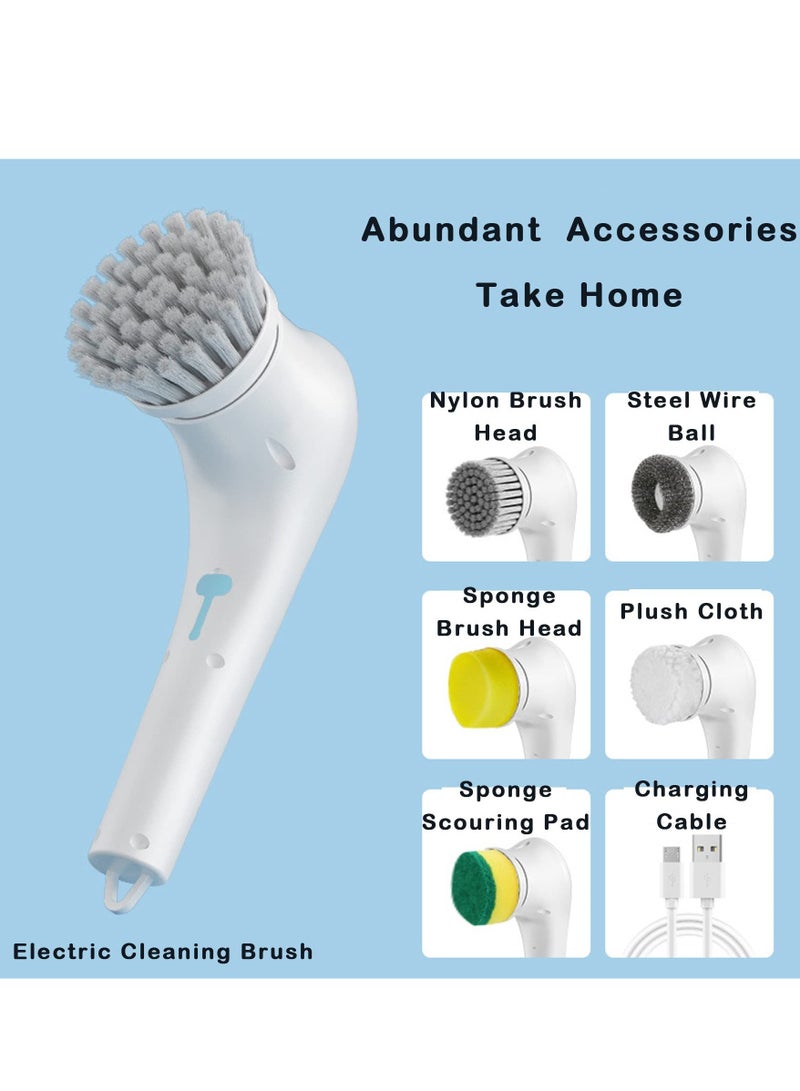 Cordless Electric Rotary Scrubber, Portable Electric Cleaning Brush with 5 Brush Heads, Electric Scrubber 360° Smart Rotating Handheld Scrubber Brush for Plates, Pots, Walls, Kitchen, Shoes